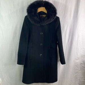 Sachi black, Italian wool and cashmere coat with hood and black fur collar